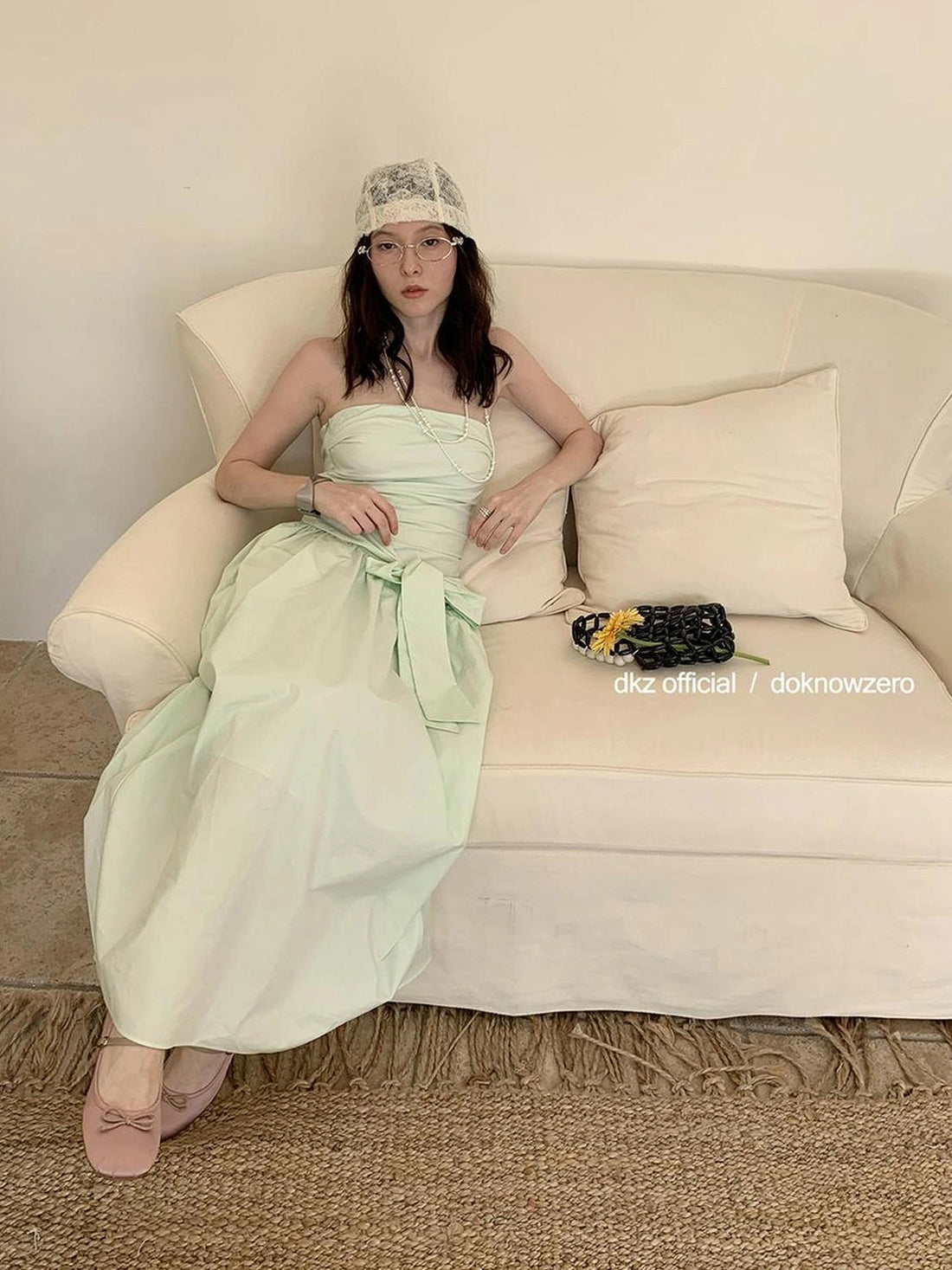 DKZ OFFICIAL Mint Wave Green Vacation Asymmetrical Ruffle Midi Dress