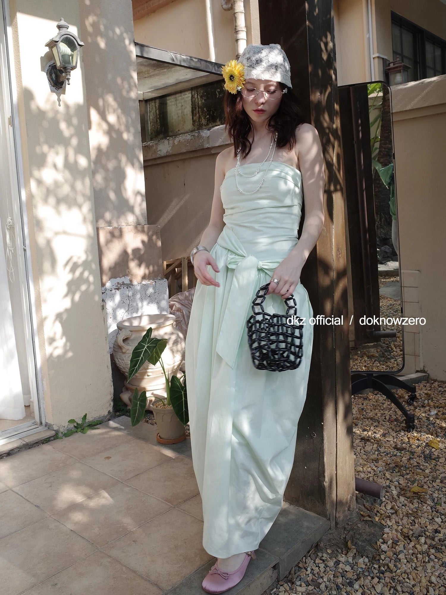 DKZ OFFICIAL Mint Wave Green Vacation Asymmetrical Ruffle Midi Dress