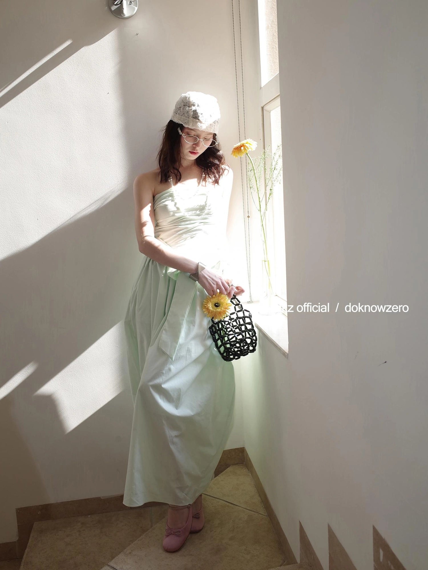DKZ OFFICIAL Mint Wave Green Vacation Asymmetrical Ruffle Midi Dress