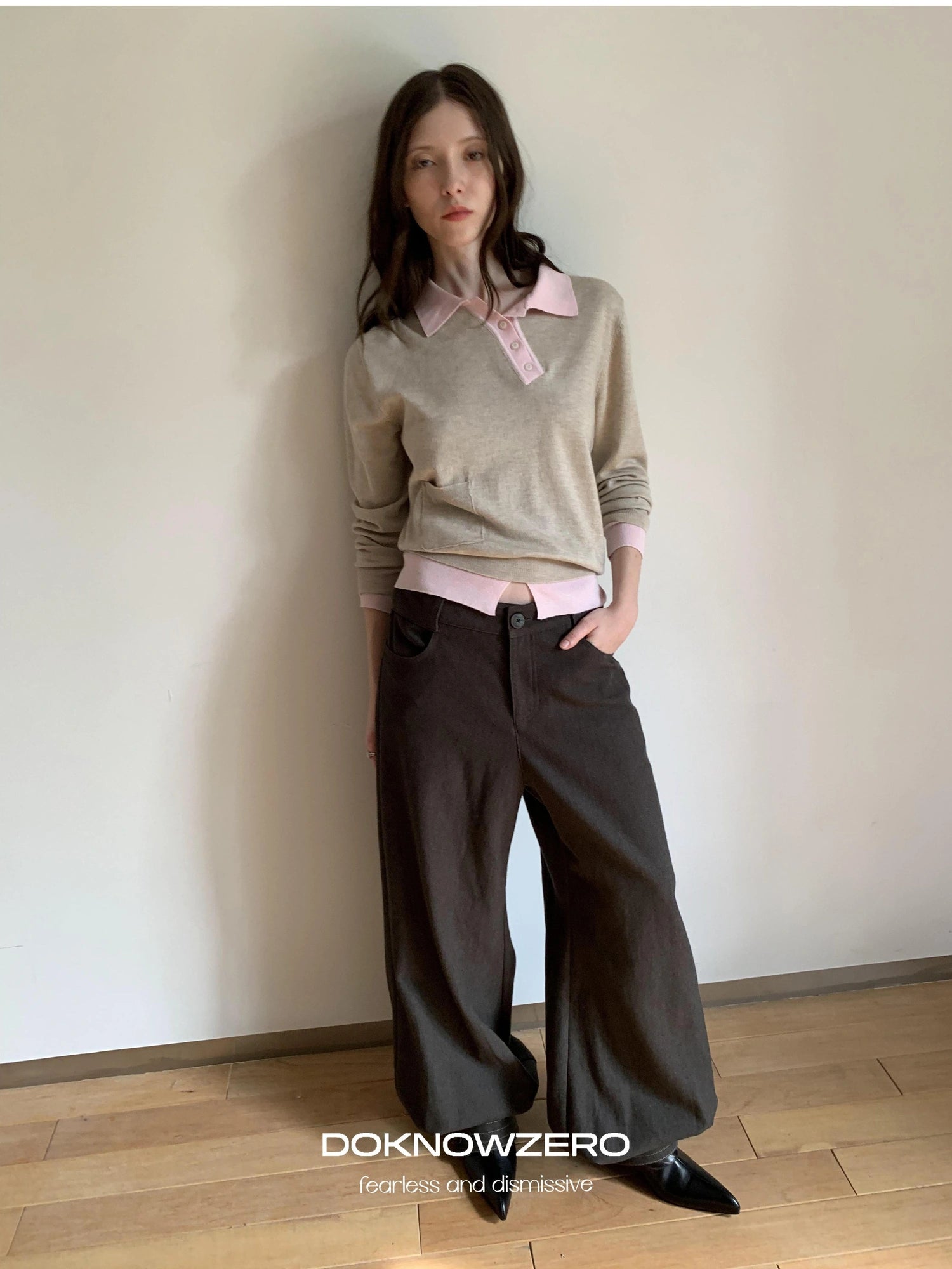 DKZ OFFICIAL Miu Style Slant Placket Knit Top V-neck T-shirt Long Sleeve