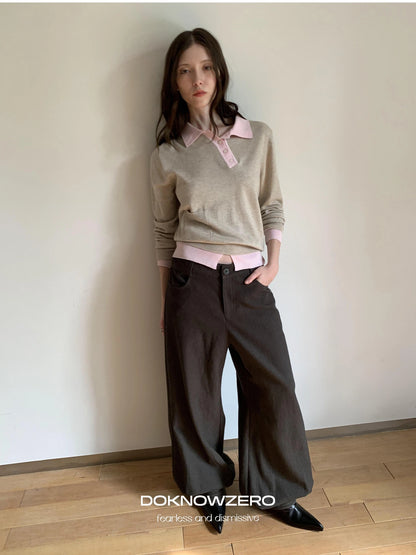 DKZ OFFICIAL Miu Style Slant Placket Knit Top V-neck T-shirt Long Sleeve