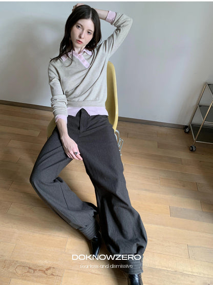Miu Style Slant Placket Knit Top V-neck T-shirt Long Sleeve