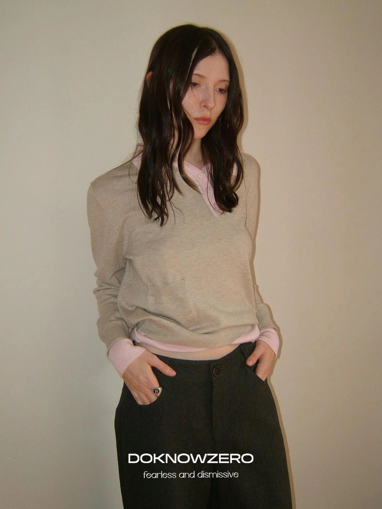 Miu Style Slant Placket Knit Top V-neck T-shirt Long Sleeve