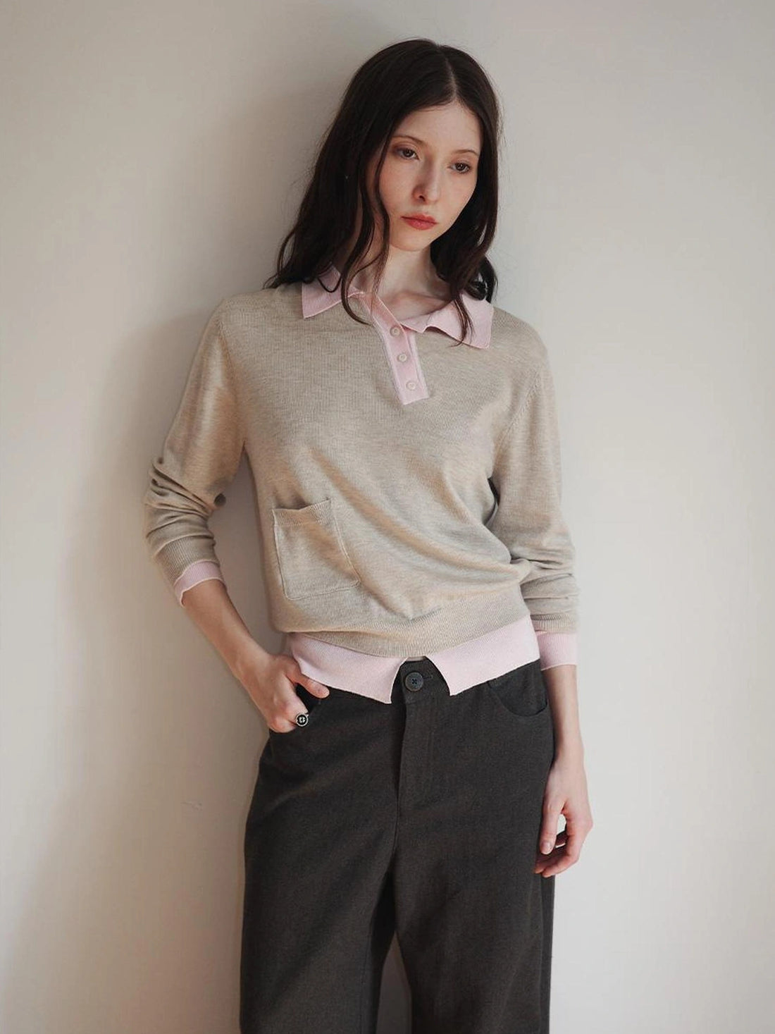 Miu Style Slant Placket Knit Top V-neck T-shirt Long Sleeve