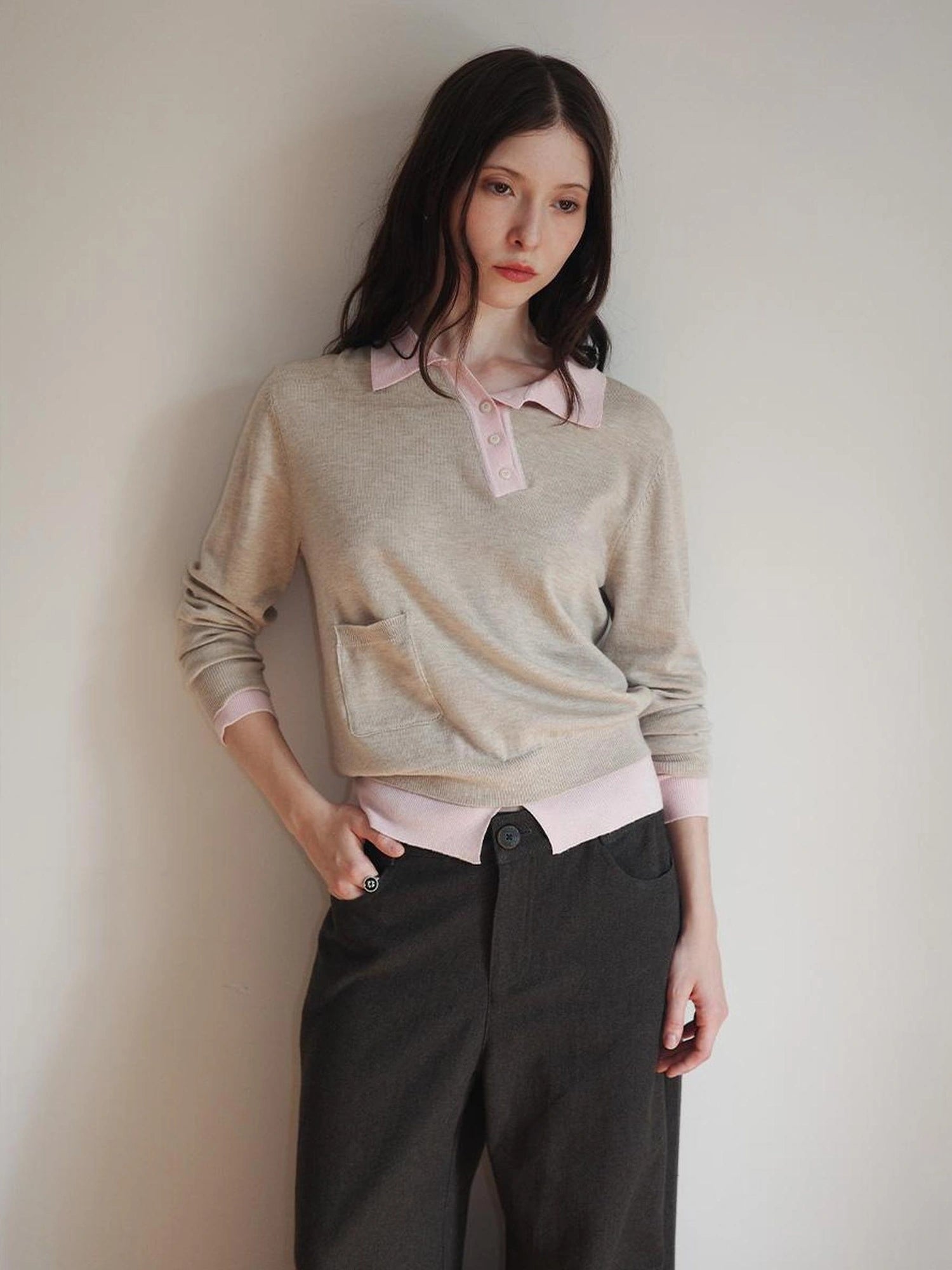 DKZ OFFICIAL Miu Style Slant Placket Knit Top V-neck T-shirt Long Sleeve