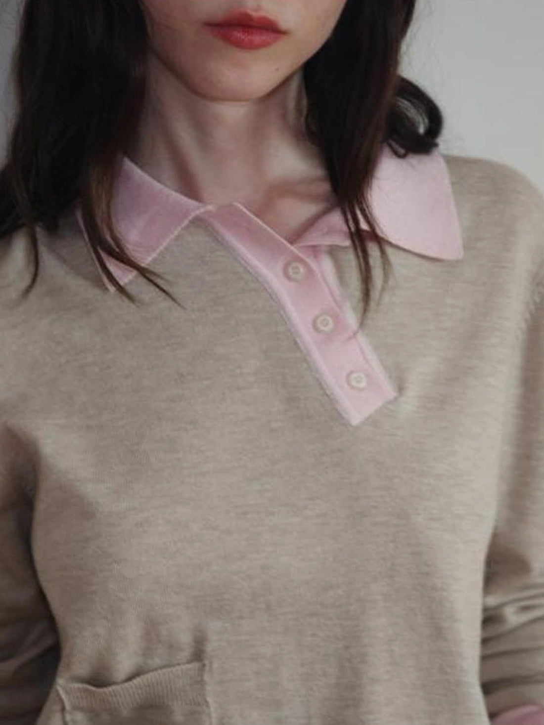 Miu Style Slant Placket Knit Top V-neck T-shirt Long Sleeve