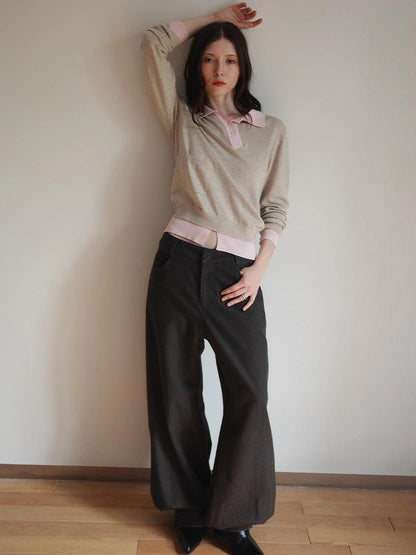Miu Style Slant Placket Knit Top V-neck T-shirt Long Sleeve