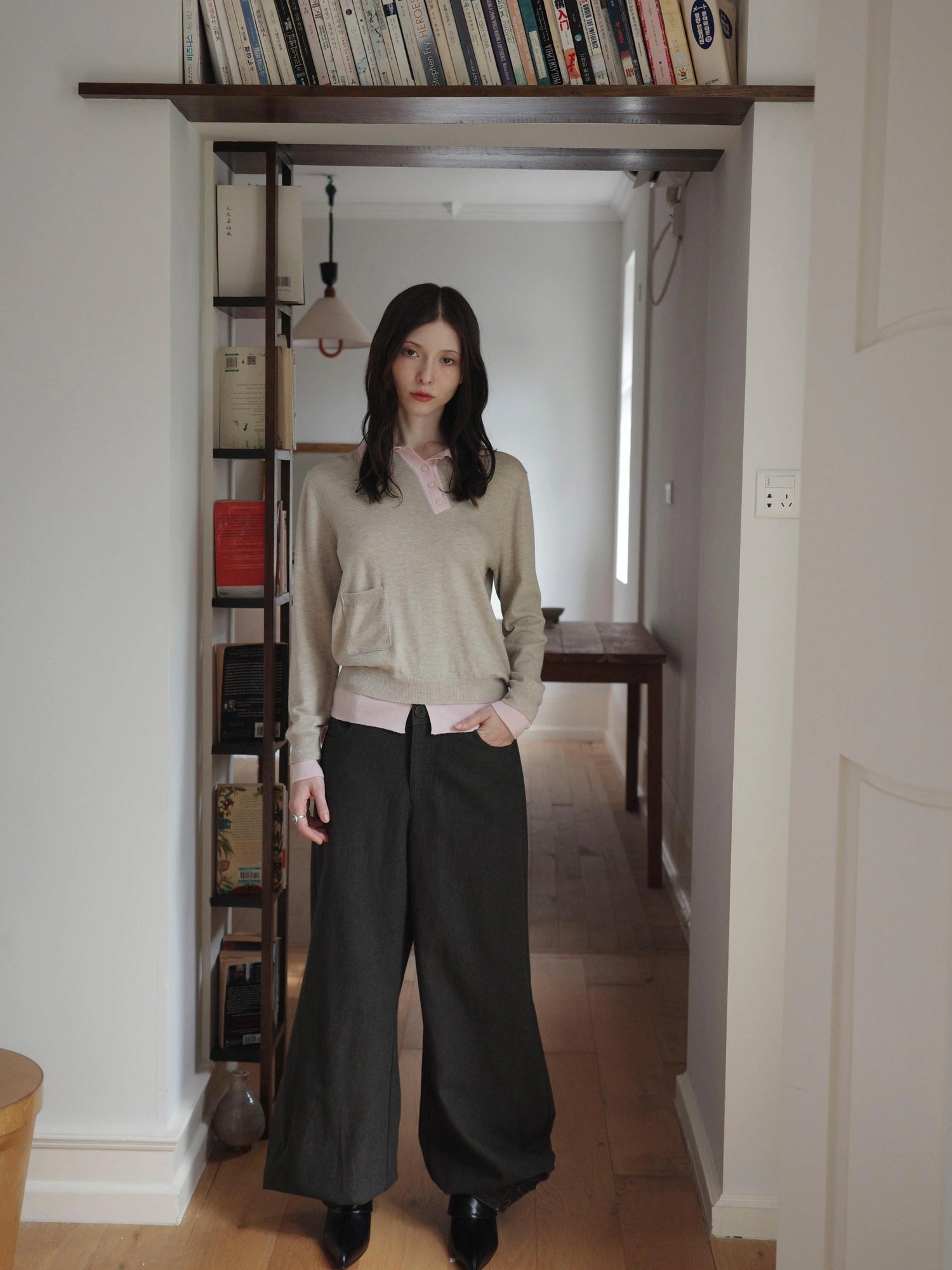 Miu Style Slant Placket Knit Top V-neck T-shirt Long Sleeve