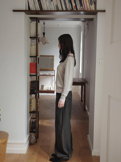 Miu Style Slant Placket Knit Top V-neck T-shirt Long Sleeve