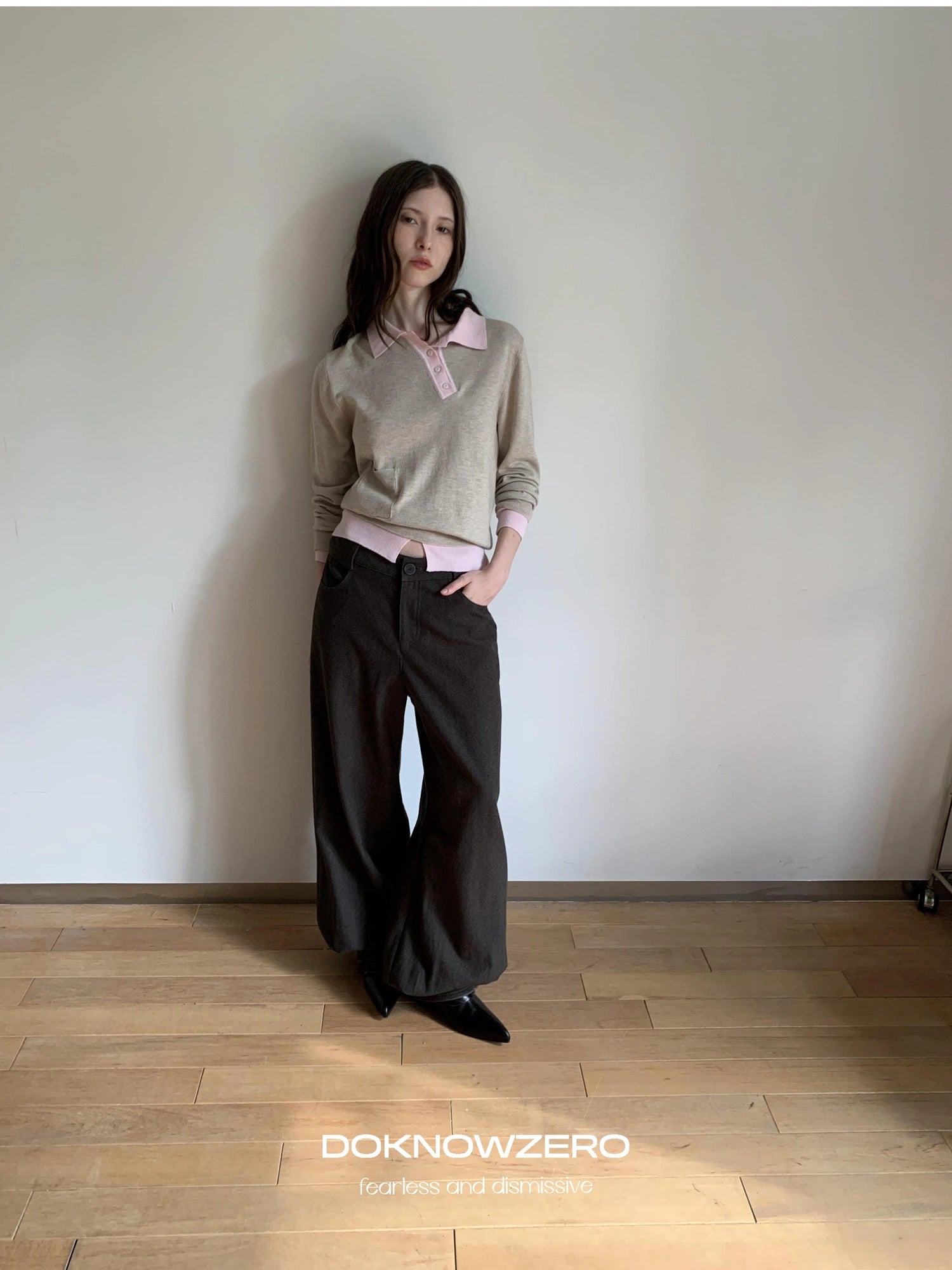 Miu Style Slant Placket Knit Top V-neck T-shirt Long Sleeve