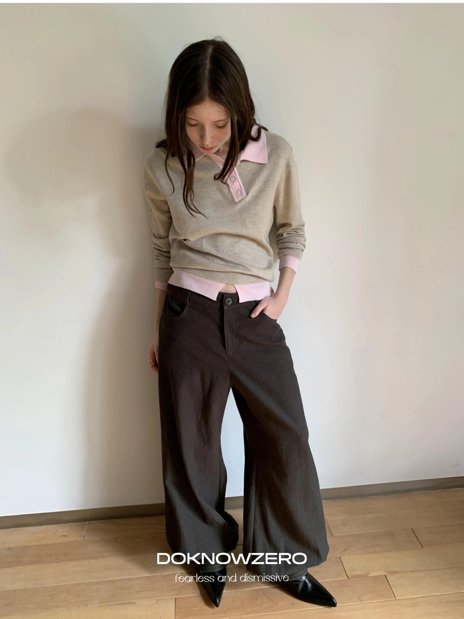 Miu Style Slant Placket Knit Top V-neck T-shirt Long Sleeve