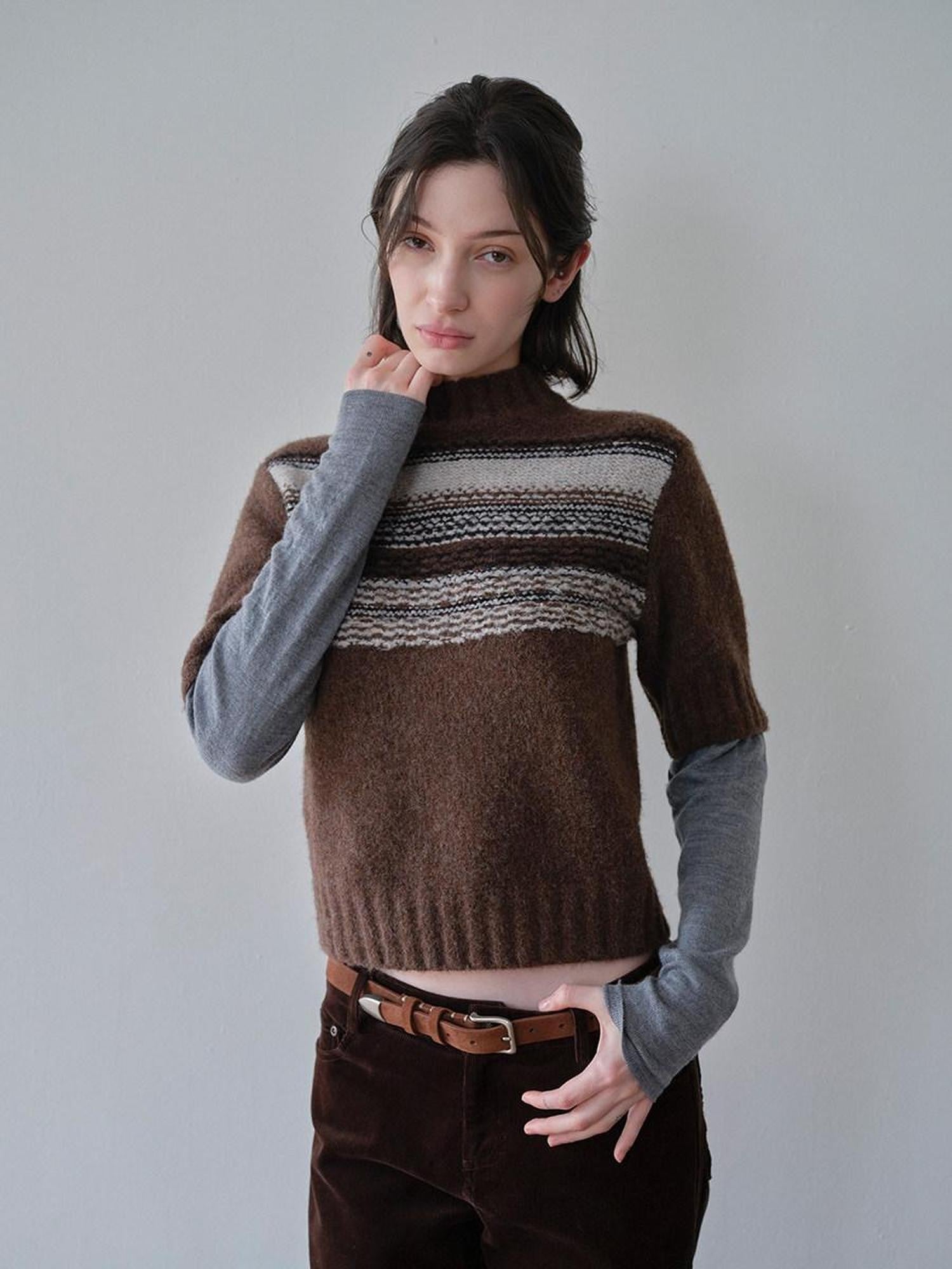 DKZ OFFICIAL Mock Neck Faux Layered Jacquard Striped Women&