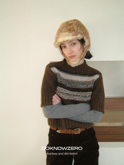 DKZ OFFICIAL Mock Neck Faux Layered Jacquard Striped Women&