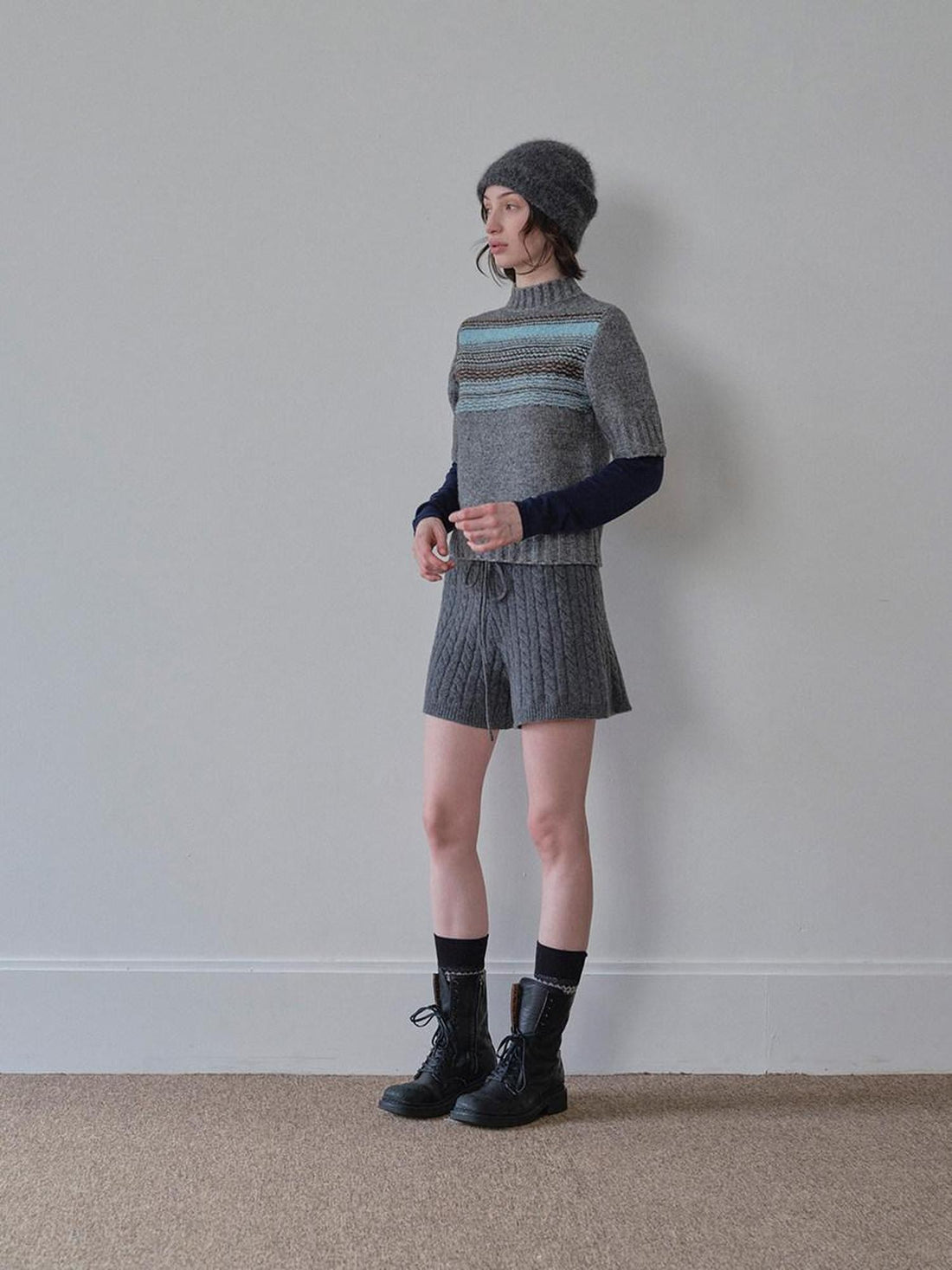 DKZ OFFICIAL Mock Neck Faux Layered Jacquard Striped Women&