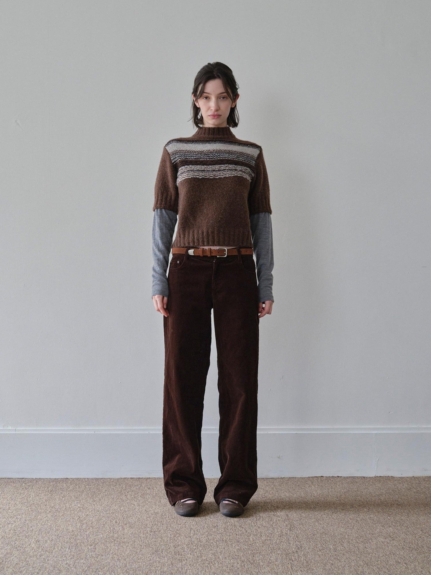 DKZ OFFICIAL Mock Neck Faux Layered Jacquard Striped Women&