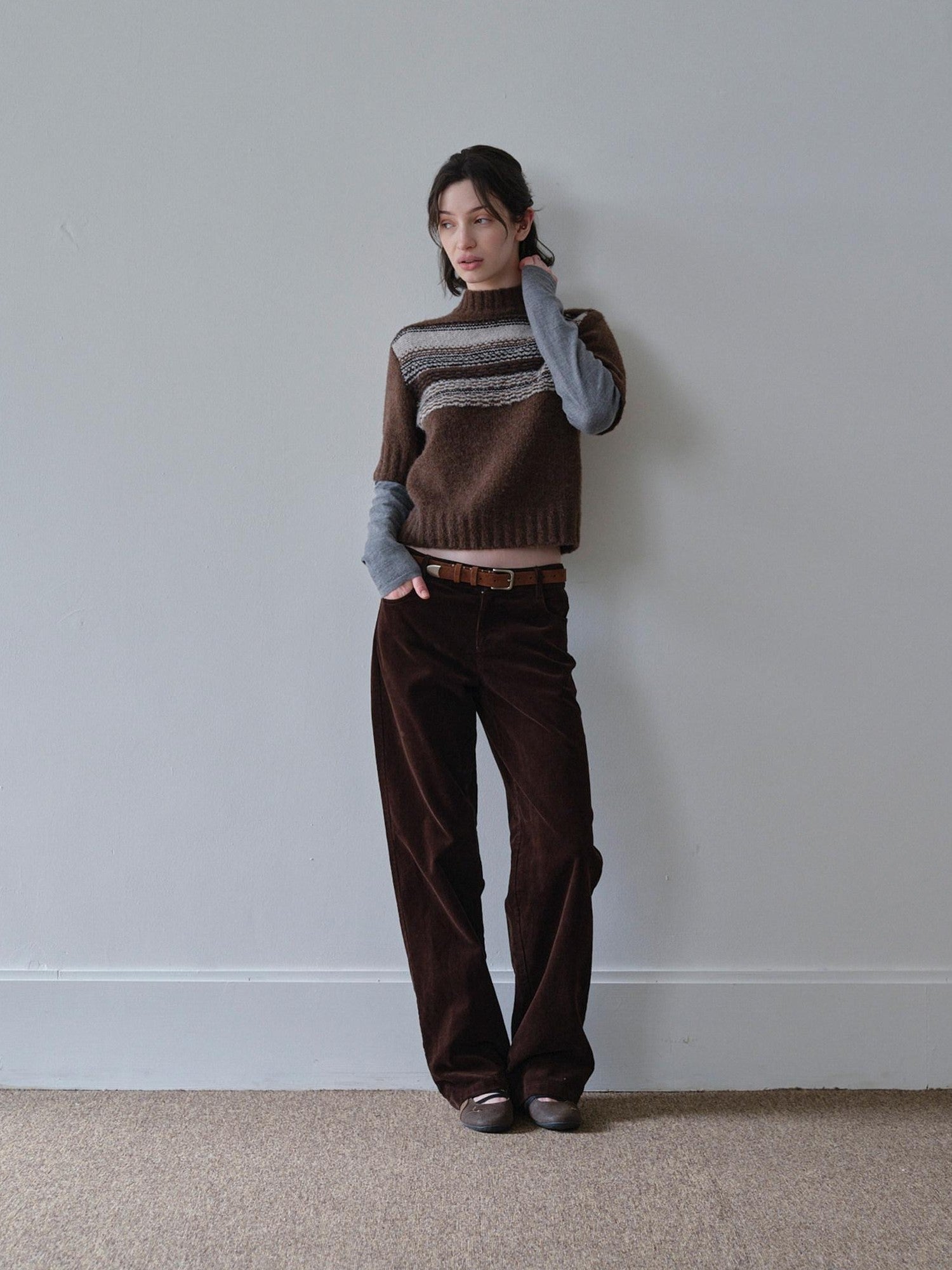 DKZ OFFICIAL Mock Neck Faux Layered Jacquard Striped Women&