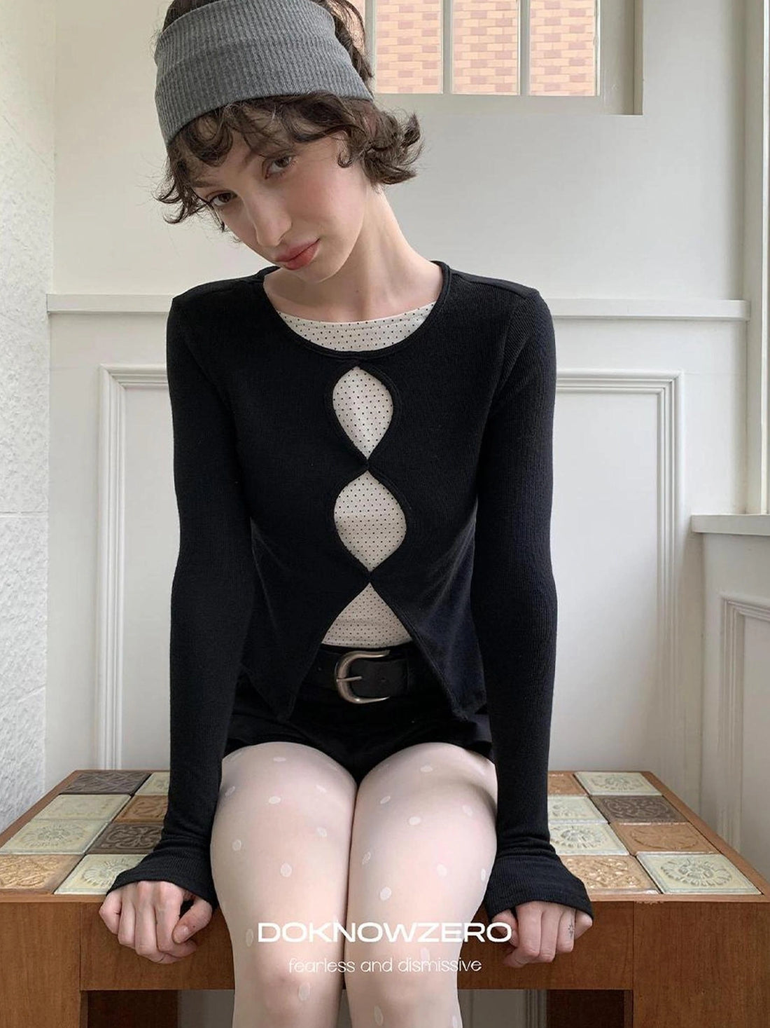 DKZ OFFICIAL Mock Two Piece Lace Dot Long Sleeve Knit Top