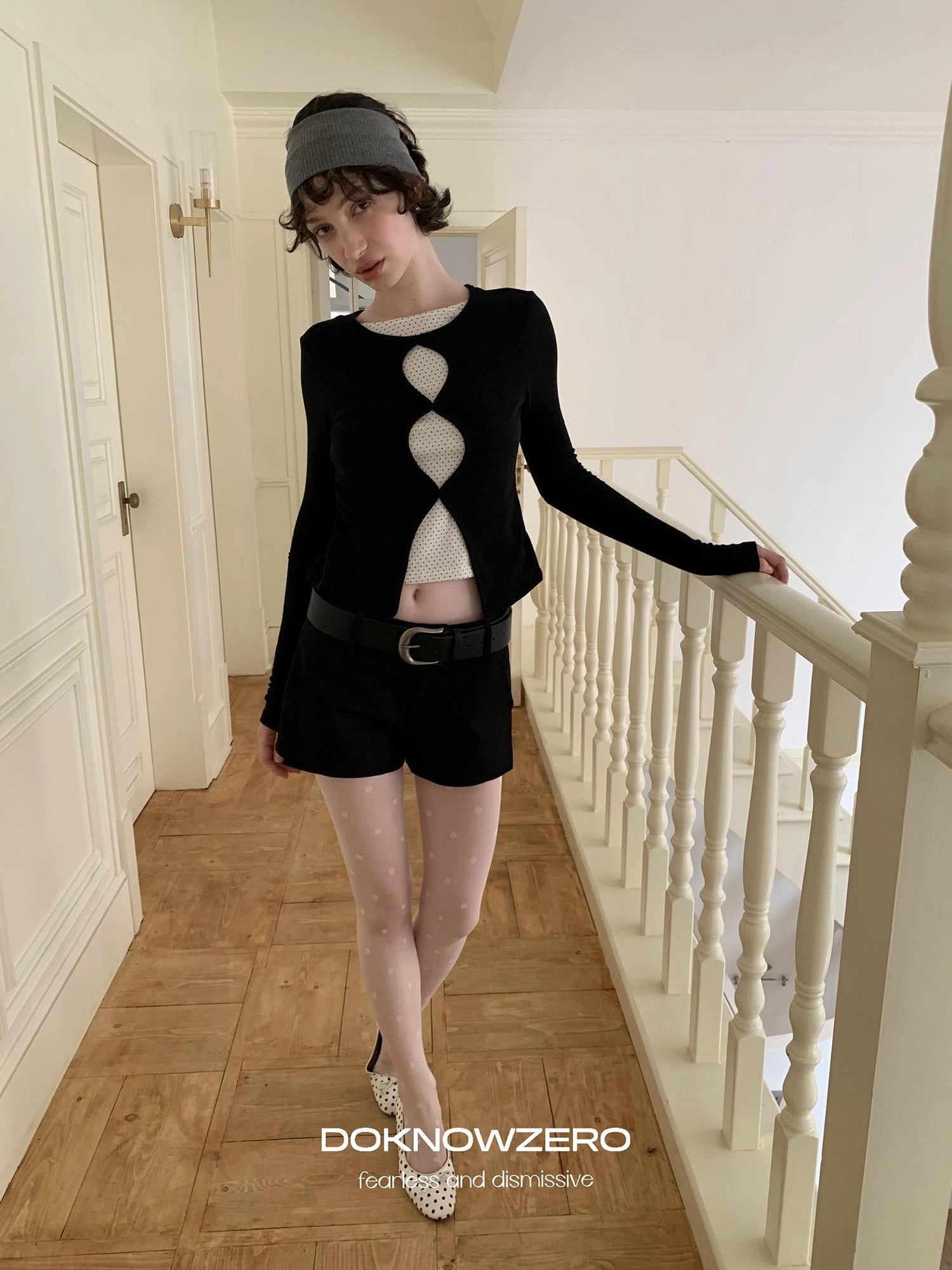 DKZ OFFICIAL Mock Two Piece Lace Dot Long Sleeve Knit Top