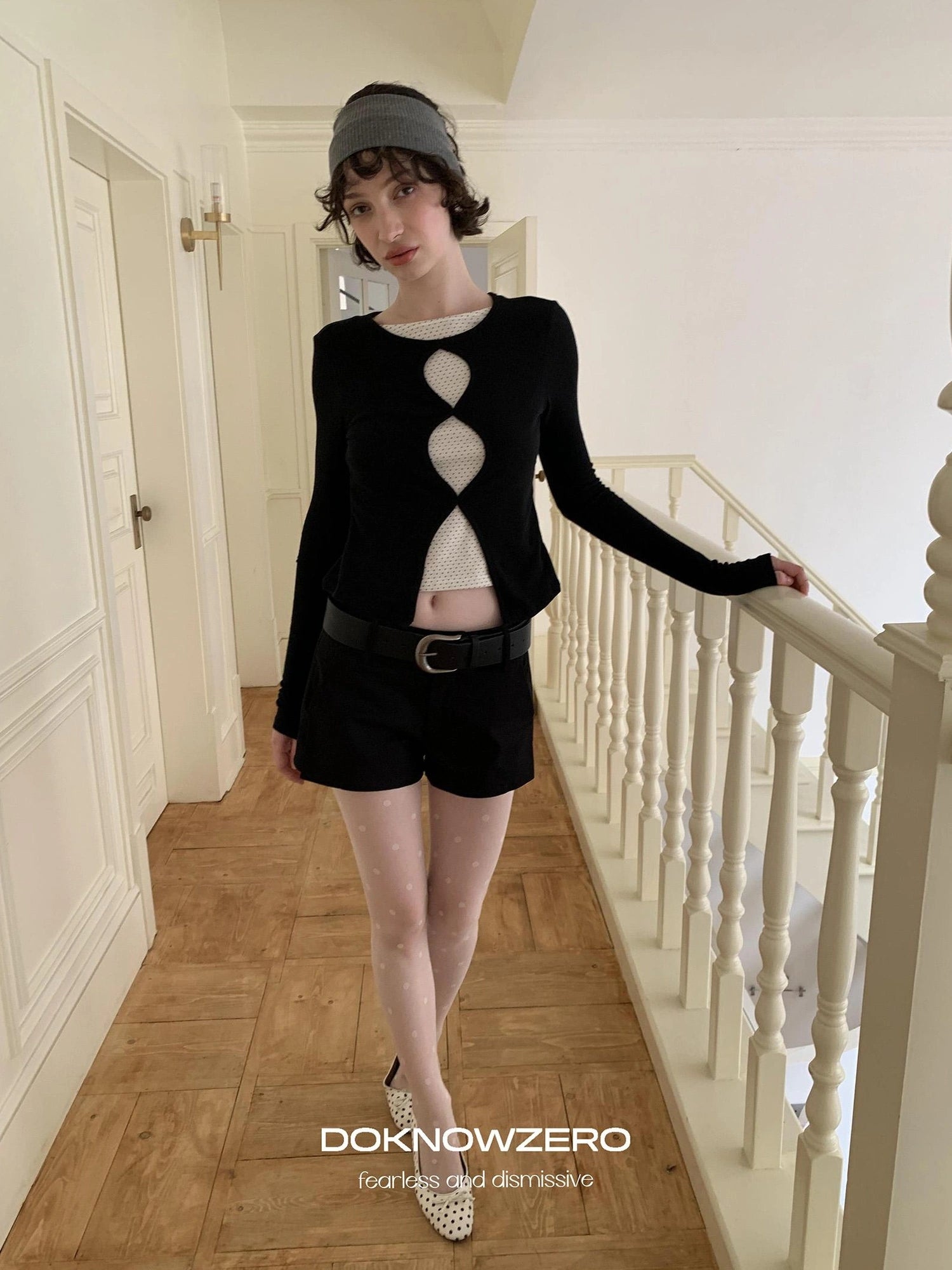 DKZ OFFICIAL Mock Two Piece Lace Dot Long Sleeve Knit Top