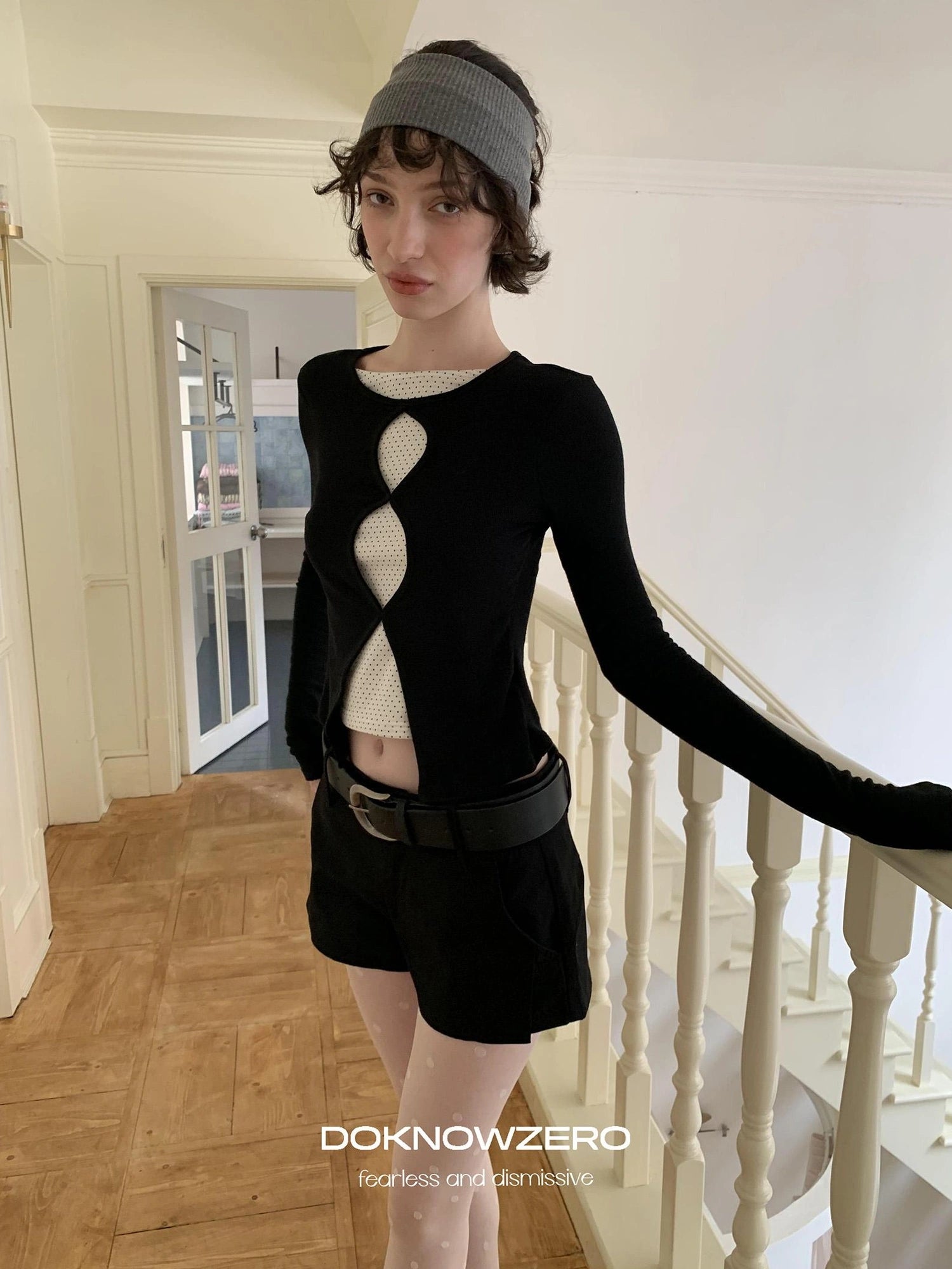 DKZ OFFICIAL Mock Two Piece Lace Dot Long Sleeve Knit Top