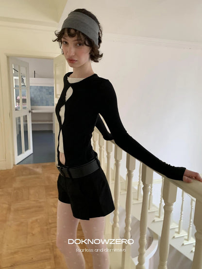 DKZ OFFICIAL Mock Two Piece Lace Dot Long Sleeve Knit Top