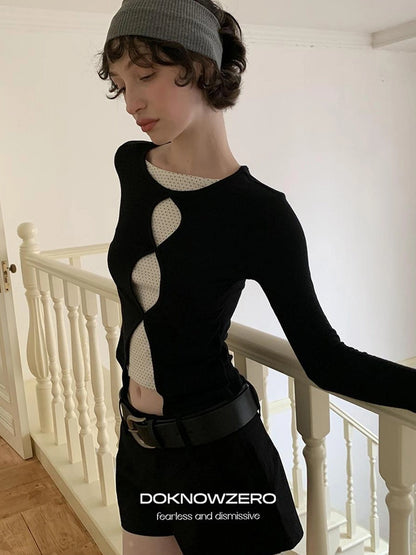 DKZ OFFICIAL Mock Two Piece Lace Dot Long Sleeve Knit Top