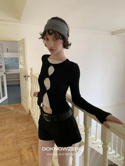 DKZ OFFICIAL Mock Two Piece Lace Dot Long Sleeve Knit Top