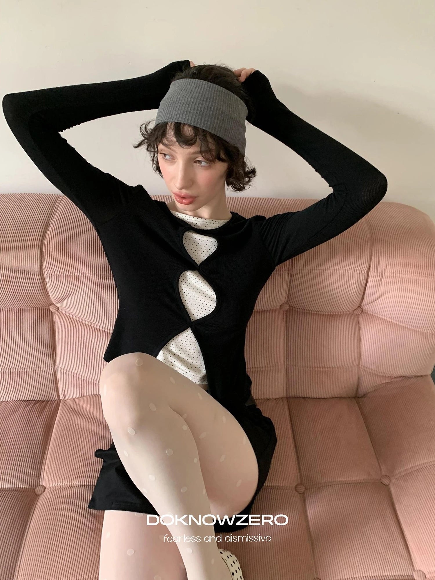 DKZ OFFICIAL Mock Two Piece Lace Dot Long Sleeve Knit Top