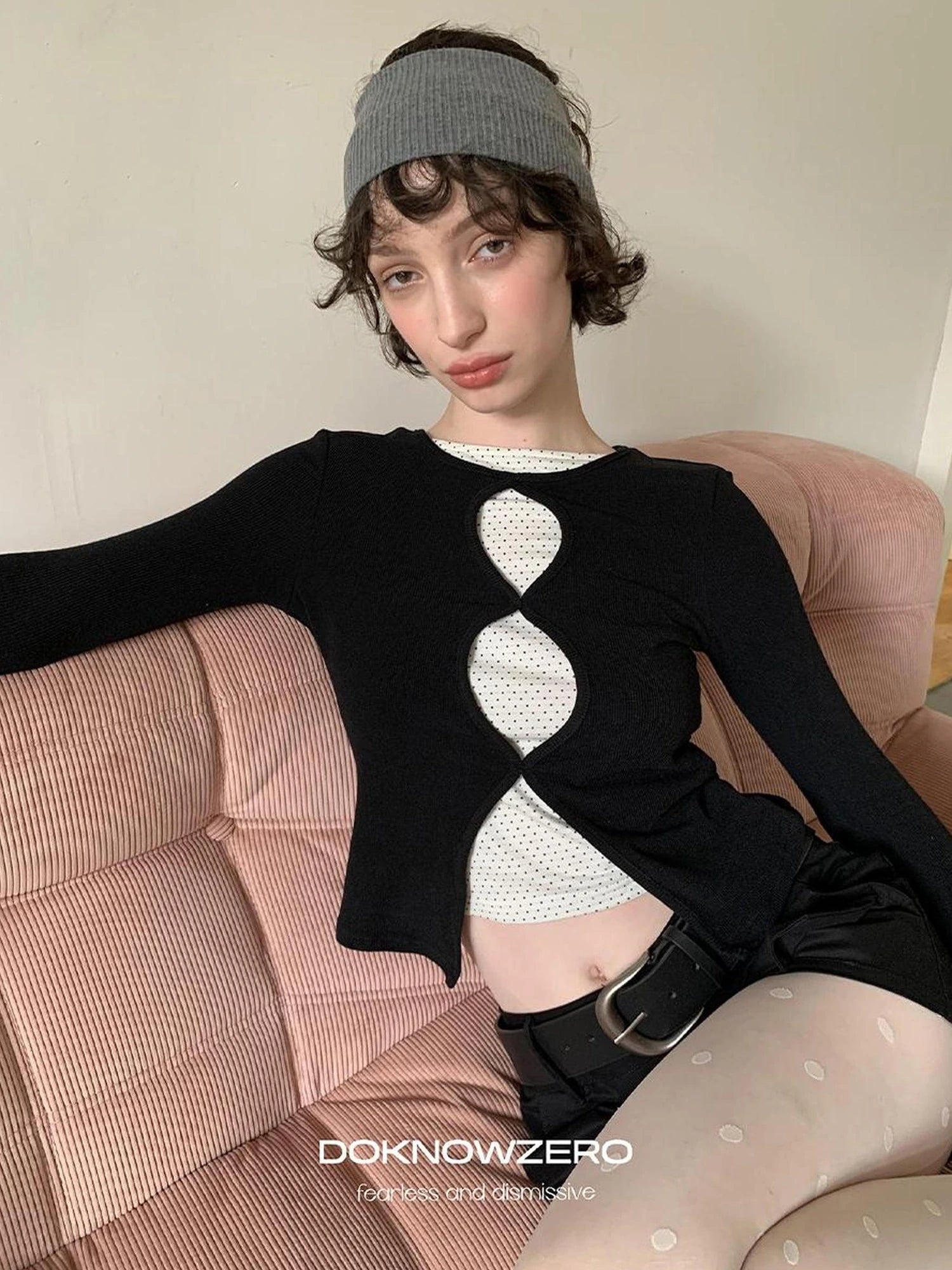 DKZ OFFICIAL Mock Two Piece Lace Dot Long Sleeve Knit Top