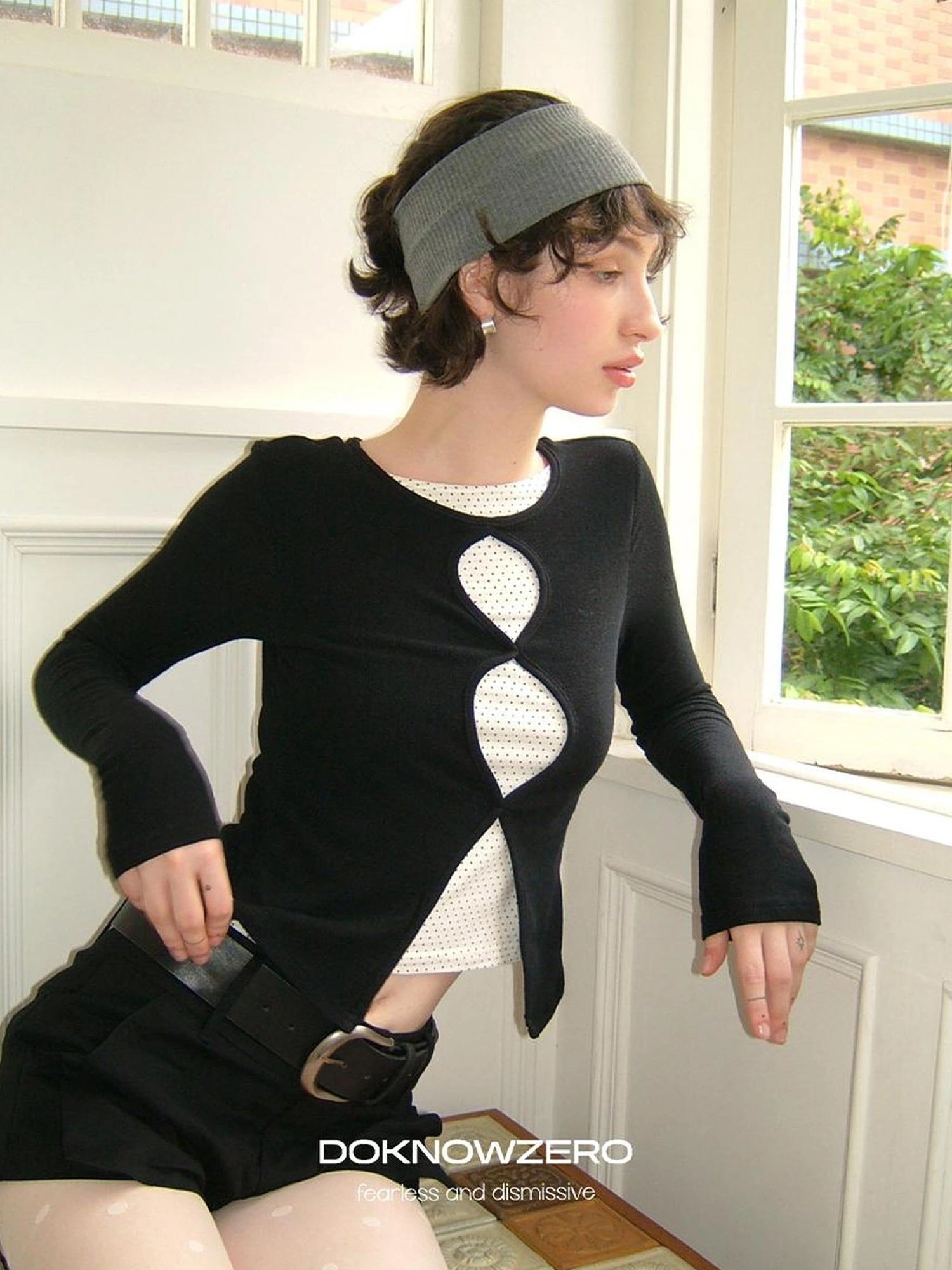 DKZ OFFICIAL Mock Two Piece Lace Dot Long Sleeve Knit Top