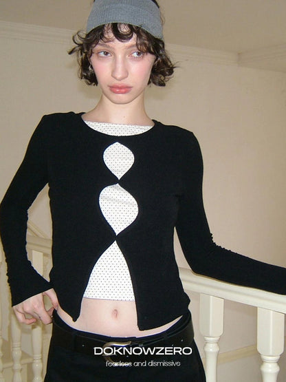 DKZ OFFICIAL Mock Two Piece Lace Dot Long Sleeve Knit Top