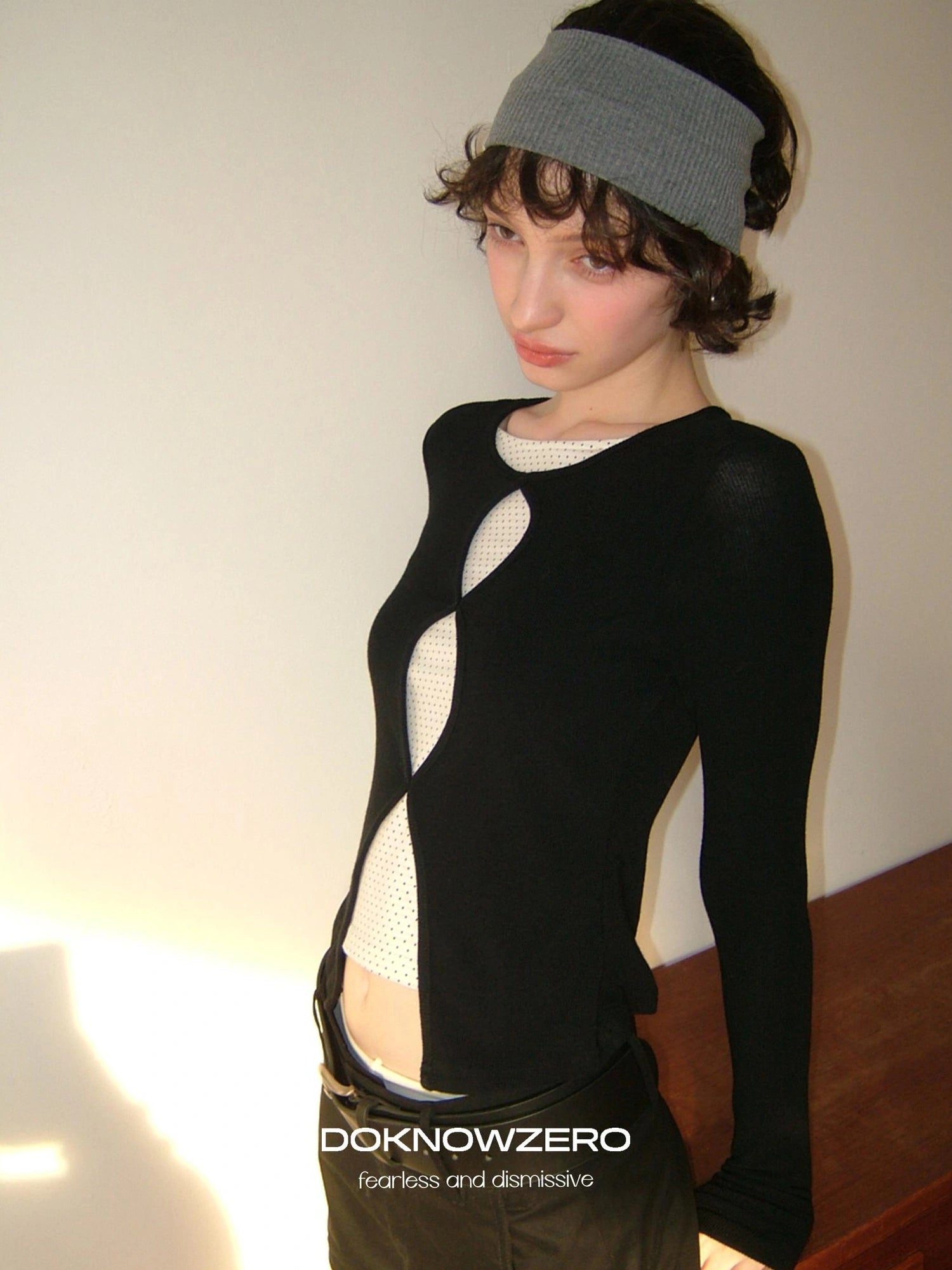 DKZ OFFICIAL Mock Two Piece Lace Dot Long Sleeve Knit Top