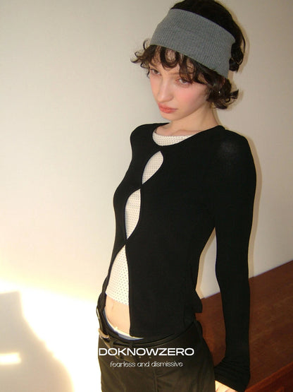 DKZ OFFICIAL Mock Two Piece Lace Dot Long Sleeve Knit Top