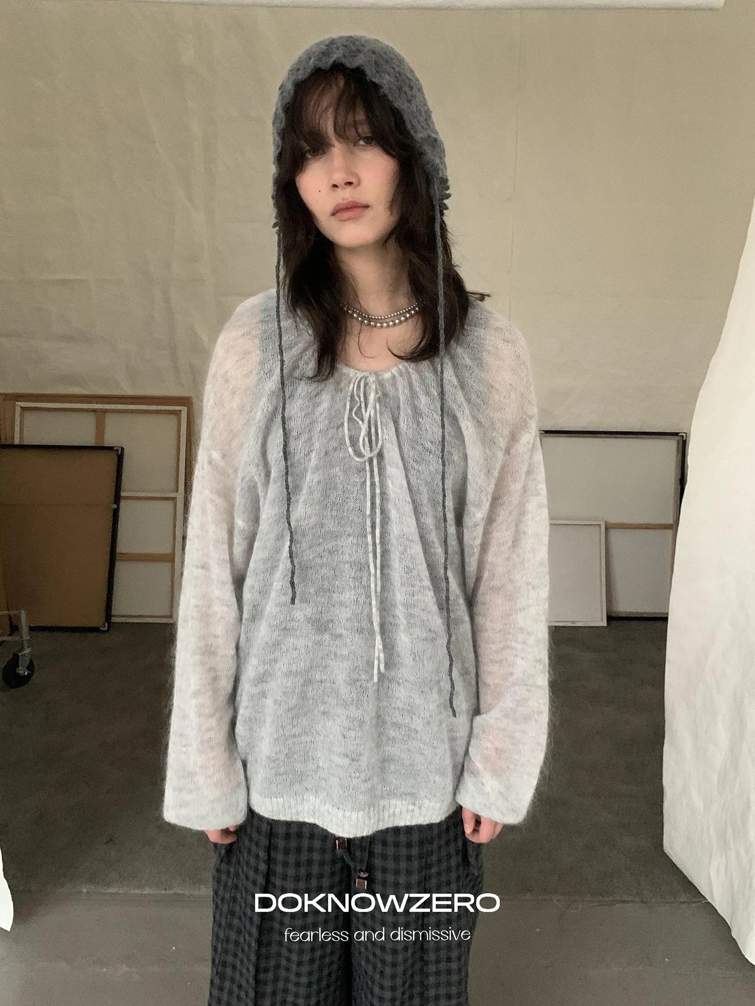 DKZ OFFICIAL Mohair Ribbed Knit Sweater With Drawstring