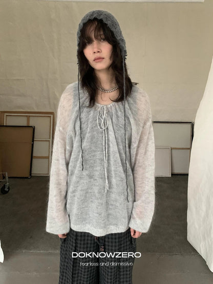 DKZ OFFICIAL Mohair Ribbed Knit Sweater With Drawstring