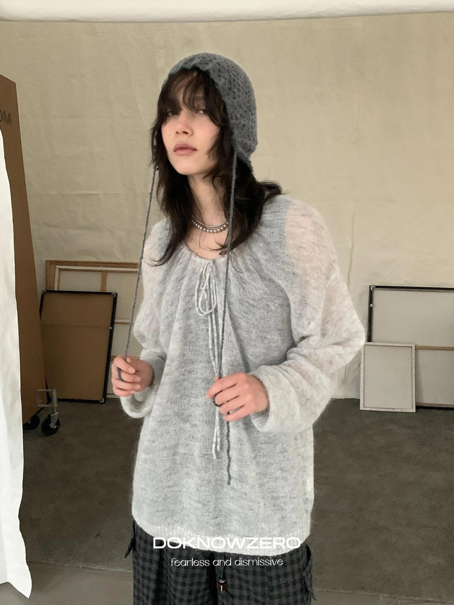 DKZ OFFICIAL Mohair Ribbed Knit Sweater With Drawstring