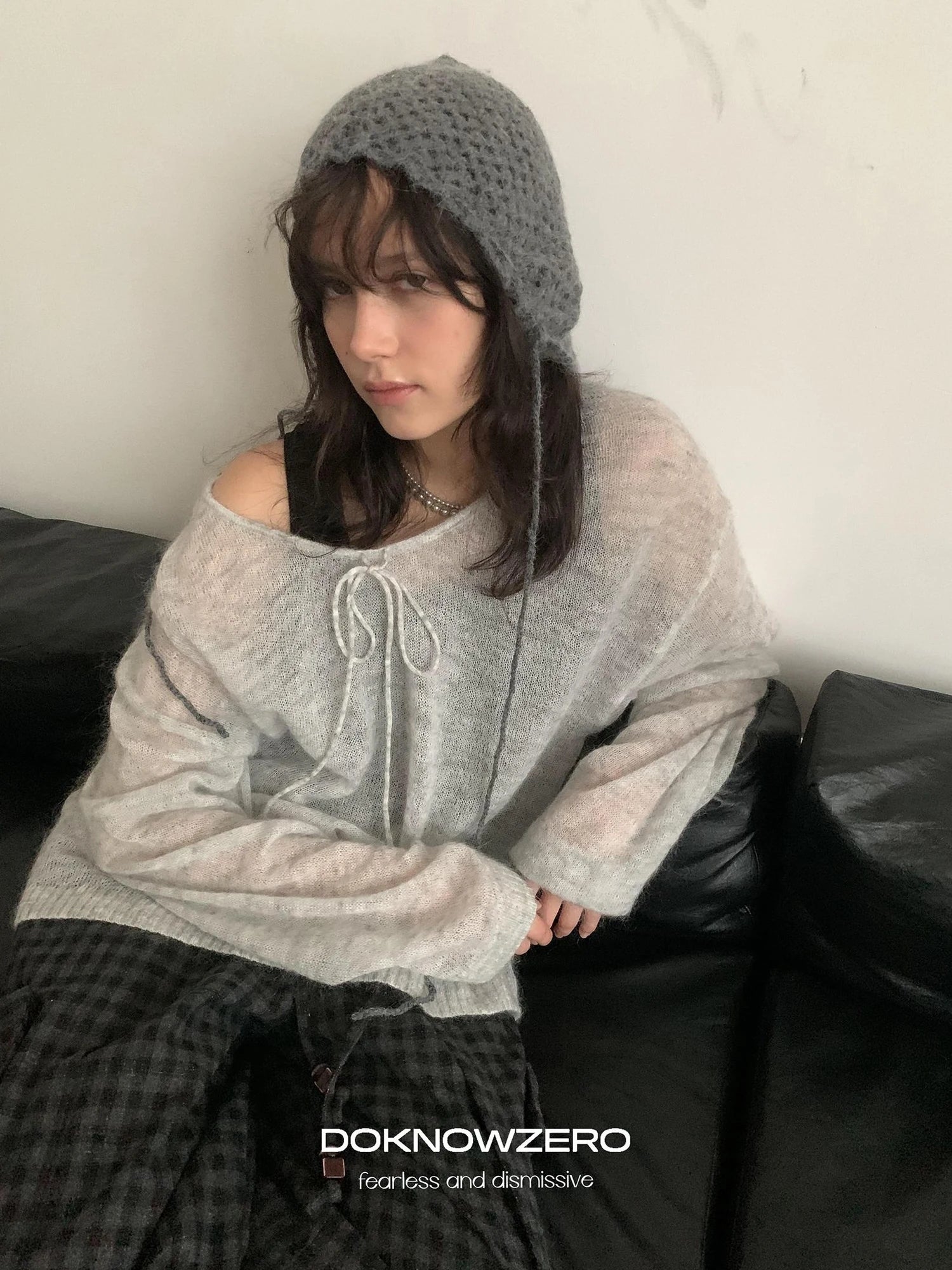 DKZ OFFICIAL Mohair Ribbed Knit Sweater With Drawstring