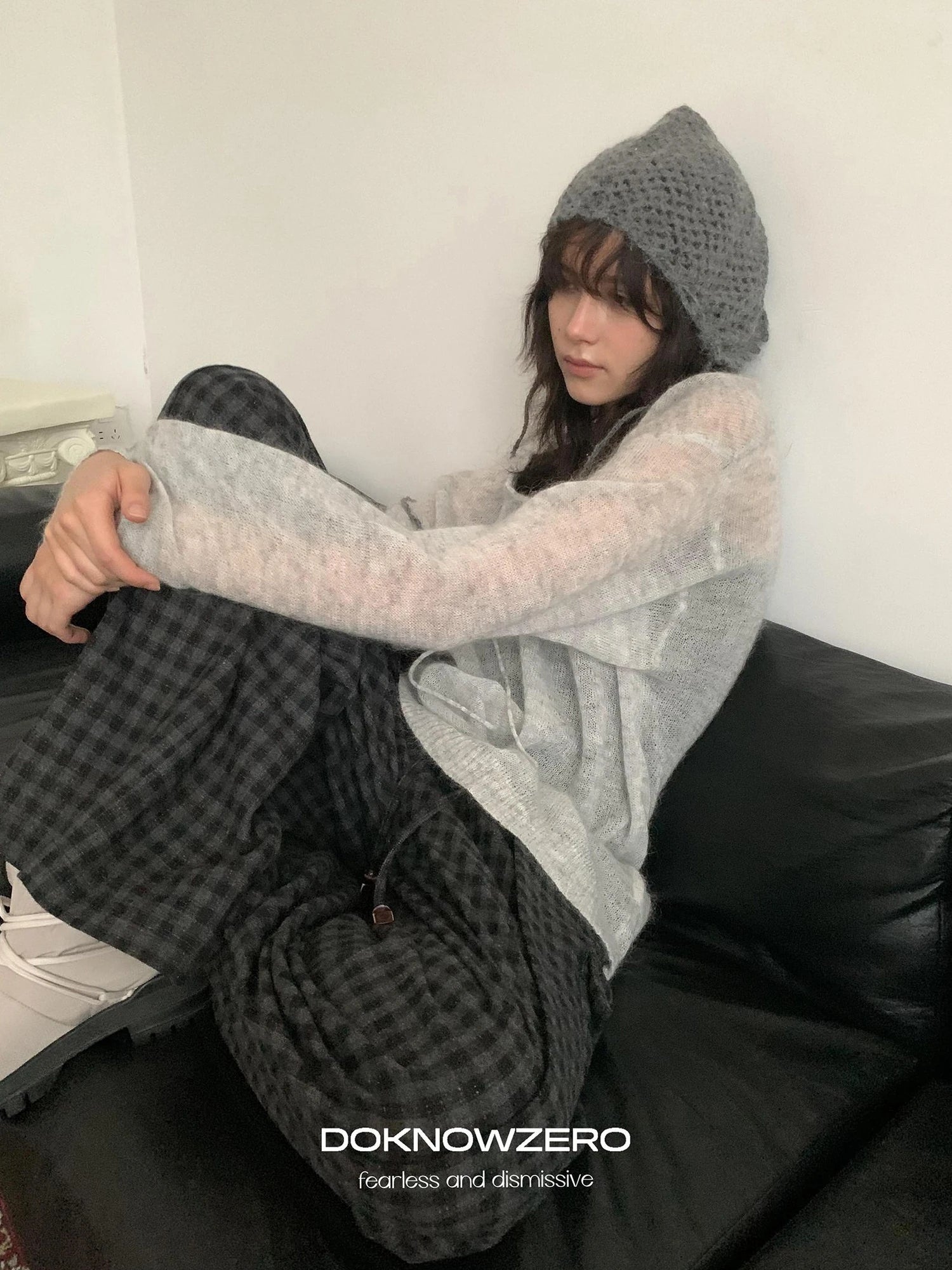 DKZ OFFICIAL Mohair Ribbed Knit Sweater With Drawstring
