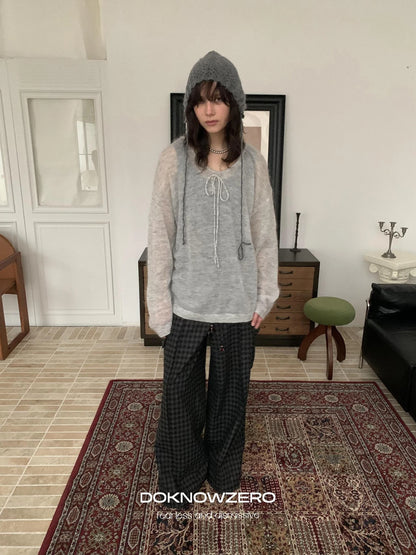 DKZ OFFICIAL Mohair Ribbed Knit Sweater With Drawstring
