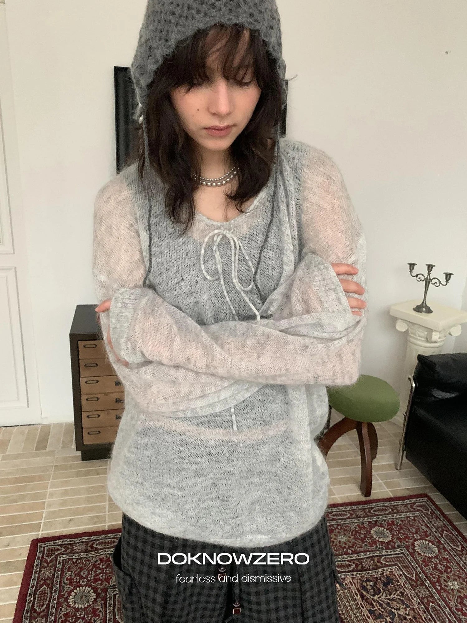 DKZ OFFICIAL Mohair Ribbed Knit Sweater With Drawstring