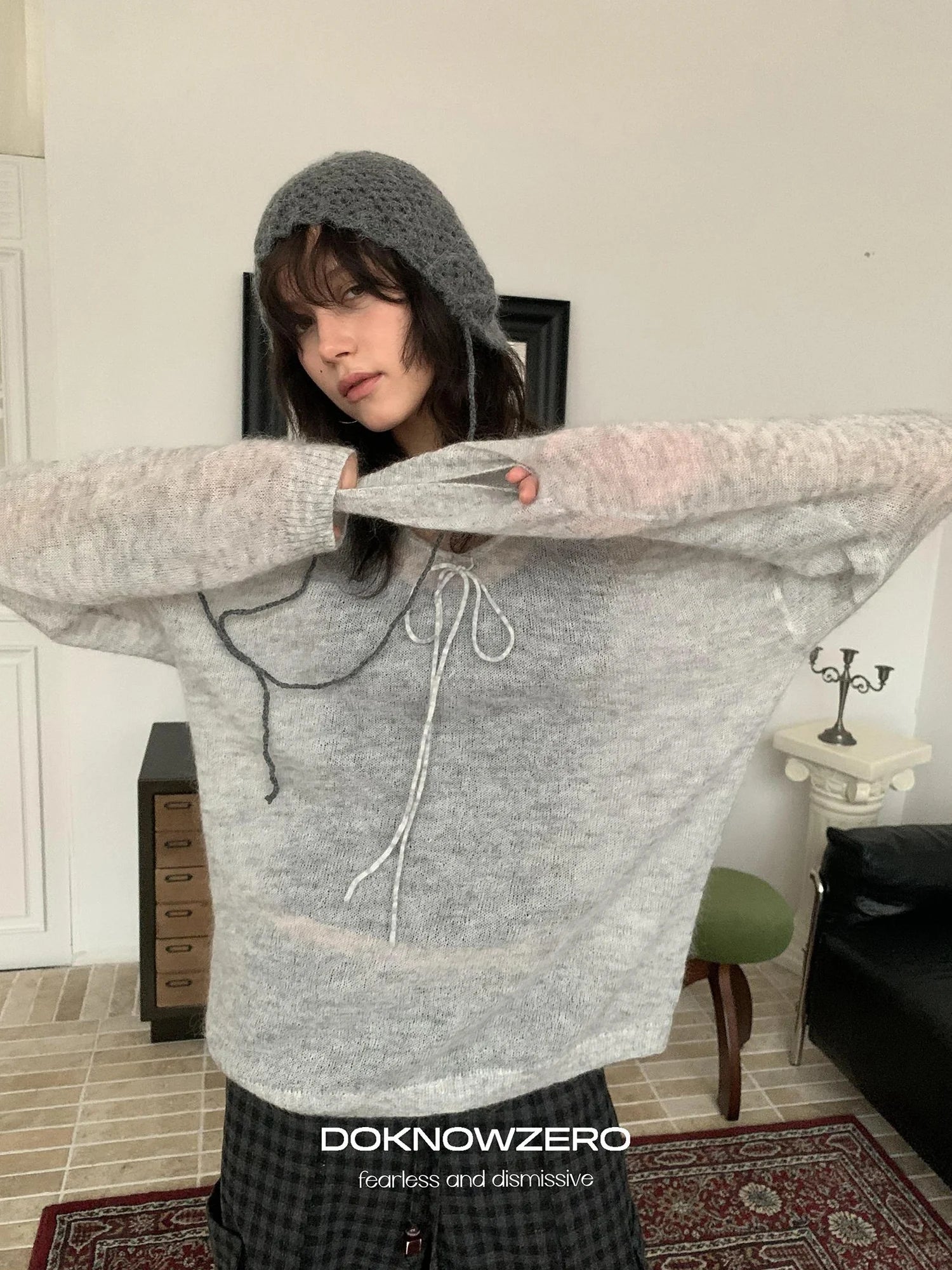 DKZ OFFICIAL Mohair Ribbed Knit Sweater With Drawstring
