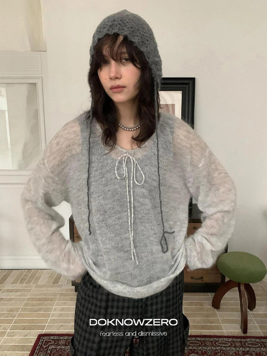 DKZ OFFICIAL Mohair Ribbed Knit Sweater With Drawstring