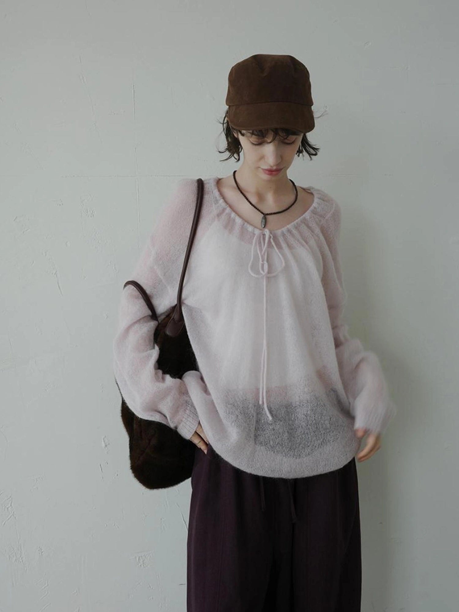 DKZ OFFICIAL Mohair Ribbed Knit Sweater With Drawstring