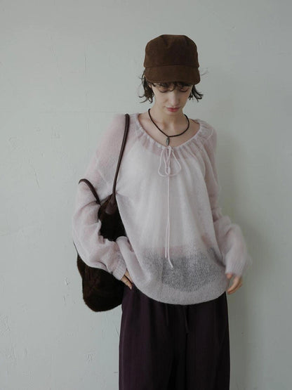 DKZ OFFICIAL Mohair Ribbed Knit Sweater With Drawstring