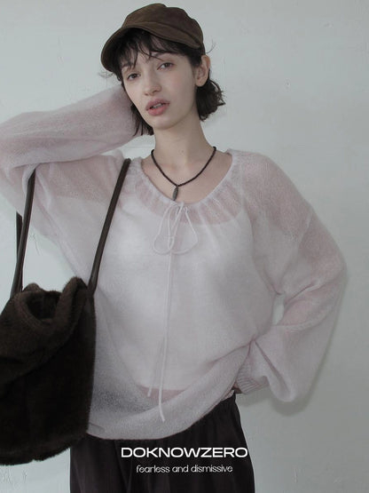 DKZ OFFICIAL Mohair Ribbed Knit Sweater With Drawstring