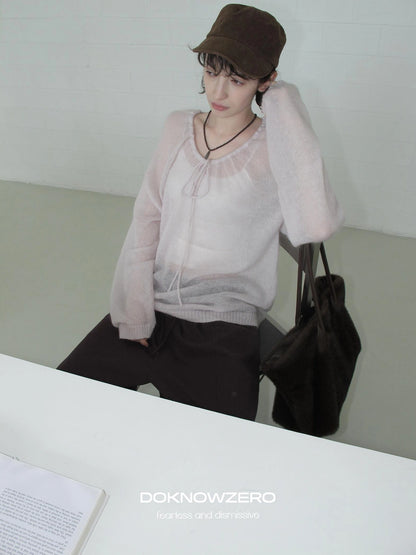 DKZ OFFICIAL Mohair Ribbed Knit Sweater With Drawstring