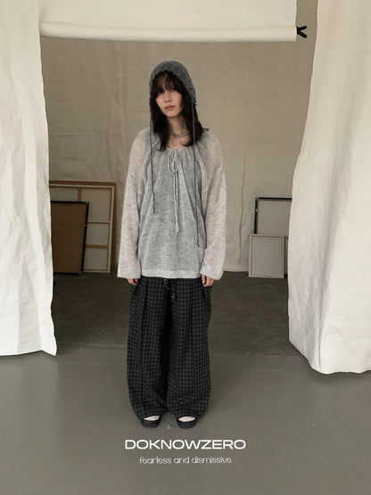 DKZ OFFICIAL Mohair Ribbed Knit Sweater With Drawstring