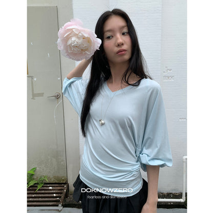 DKZ_OFFICIAL_Navy_V-neck_Lantern_Sleeve_Slim_Women&