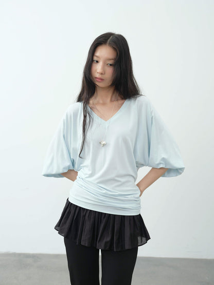 DKZ OFFICIAL Navy V-neck Lantern Sleeve Slim Women&