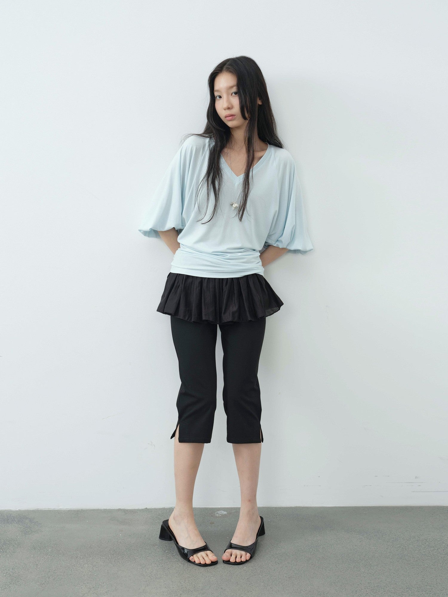 DKZ OFFICIAL Navy V-neck Lantern Sleeve Slim Women&
